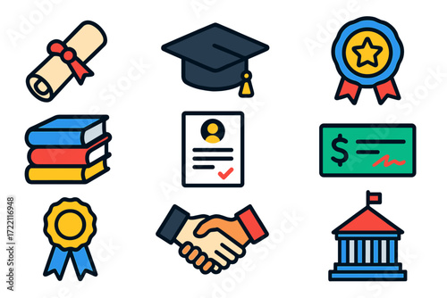 Scholarship Icons Collection. Flat vector icons of scholarship programs: diploma scroll, mortarboard, scholarship badge, books