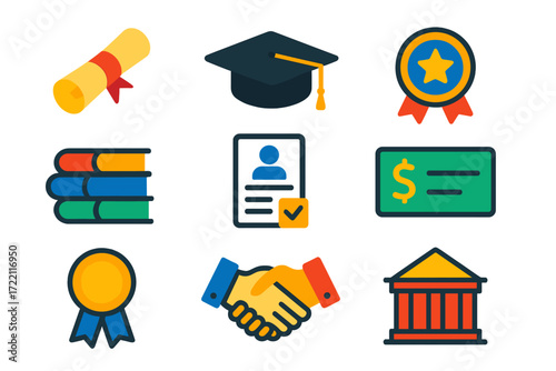 Scholarship Icons Collection. Flat vector icons of scholarship programs: diploma scroll, mortarboard, scholarship badge, books