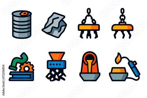Metal Recycling Icons. Flat vector icons of metal recycling: steel can, aluminum foil, scrap metal pile, magnet lifter, metal