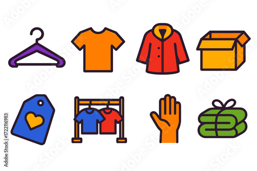 Clothing Drive Icons. Flat vector icons of clothing drives: hanger, t-shirt, coat, box, donation tag, rack, volunteer hand, fabric