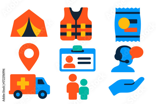 Refugee Assistance Icons. Flat vector icons of refugee assistance: shelter tent, life vest, map marker, ration packet, ID card,