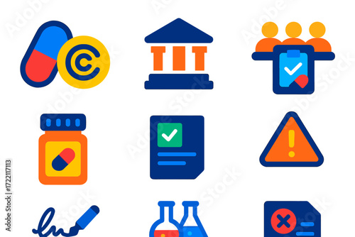 Pharmaceutical Law Icons. Flat vector icons of pharmaceutical law: pill patent, FDA building, clinical trial, prescription bottle,