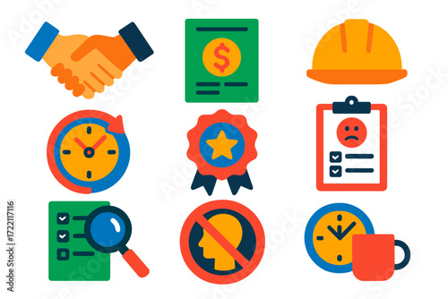 Labor Law Icons. Flat vector icons of labor law: contract handshake, wage slip, safety helmet, overtime clock, union badge,