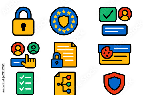 Privacy Law Icons. Flat vector icons of privacy law: lock icon, GDPR badge, consent checkbox, data subject request, privacy notice