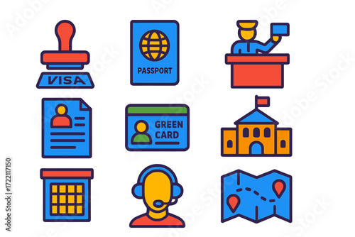 Immigration Icons Set. Flat vector icons of immigration procedures: visa stamp, passport, border control booth, asylum application