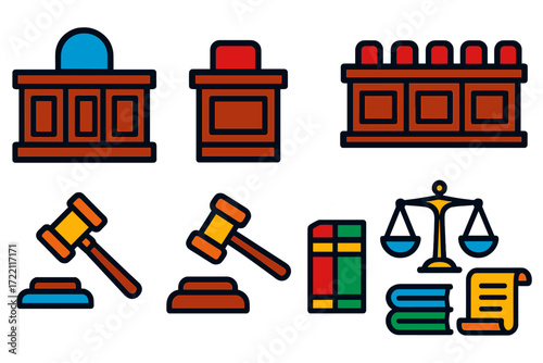 Court Furniture Icons. Flat vector icons of court furniture: judge bench, witness stand, jury box, gavel mallet, sounding block,