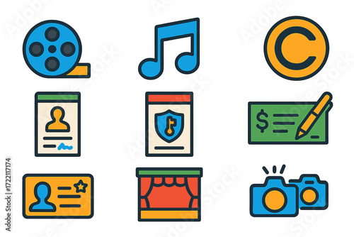 Entertainment Law Icons. Flat vector icons of entertainment law: film reel, music note, copyright symbol, talent contract,