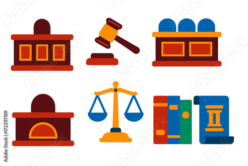 Court Furniture Icons. Flat vector icons of court furniture: judge bench, witness stand, jury box, gavel mallet, sounding block,