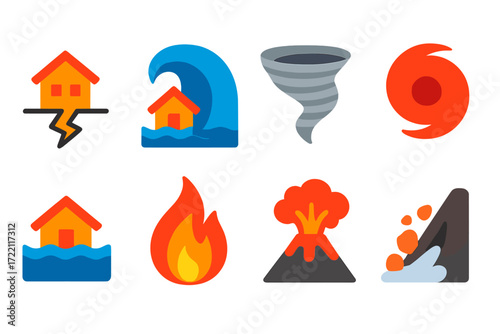 Natural Disaster Icons. Flat vector icons of natural disasters: earthquake tremor, tsunami wave, tornado swirl, hurricane icon,