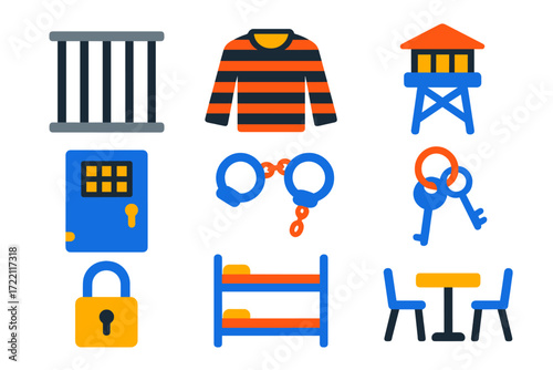 Prison Icons Collection. Flat vector icons of jail and detention: cell bars, inmate uniform, guard tower, prison door, handcuffs,