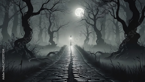 Monochrome Gothic Forest Path with Lantern, Cobblestone Road, and Moonlit Mist in Black and White Illustration
