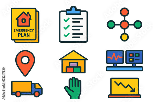 Disaster Management Icons. Flat vector icons of disaster management: emergency plan, checklist clipboard, coordination hub, map