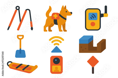 Avalanche Rescue Icons. Flat vector icons of avalanche rescue: avalanche probe, rescue dog, transceiver, shovel, beacon display,