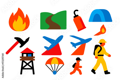 Wildfire Icon Set. Flat vector icons of wildland firefighting: wildfire flame, fire line, drip torch, fire shelter, Pulaski tool,