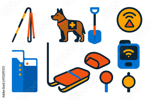 Avalanche Rescue Icons. Flat vector icons of avalanche rescue: avalanche probe, rescue dog, transceiver, shovel, beacon display,