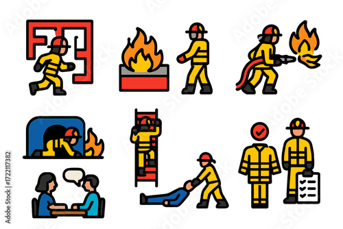 Colorful Fire Training Icons. Flat vector icons of fire training drills: maze runner, live fire pit, hose advance, search and