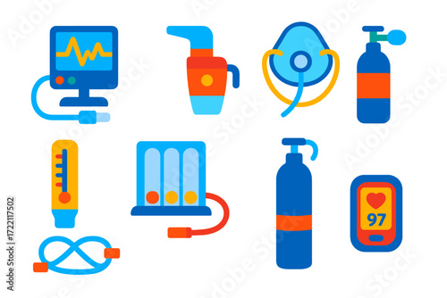 Respiratory Care Icons. Flat vector icons of respiratory care: ventilator, nebulizer, oxygen mask, peak flow meter, spirometer,