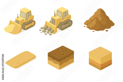 Bulldozer on Soil Types. Isometric vector illustration set Bulldozer and Soil Types: sandy soil blade push, rocky terrain clearing