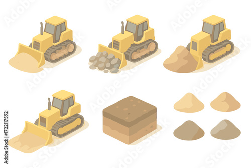 Bulldozer on Soil Types. Isometric vector illustration set Bulldozer and Soil Types: sandy soil blade push, rocky terrain clearing