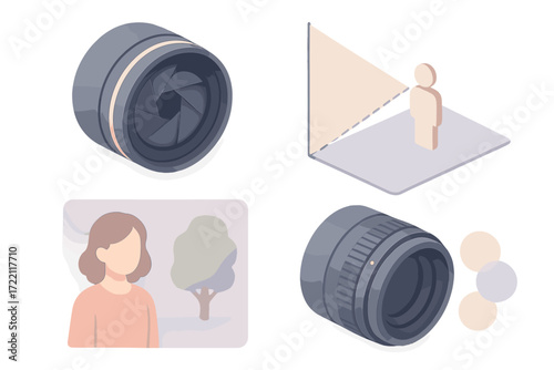 Camera Lens Diagrams. Isometric vector illustration set Aperture Lens Focus Blur: camera lens with visible aperture blades, depth