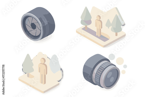 Camera Lens Diagrams. Isometric vector illustration set Aperture Lens Focus Blur: camera lens with visible aperture blades, depth