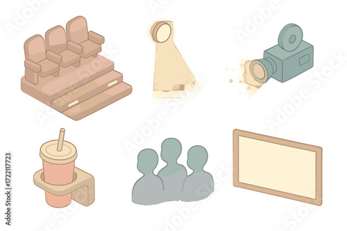 Cinematic Experience Icons. Isometric vector illustration set Cinematic Experience Icons: movie theater aisle, dimmed lighting,