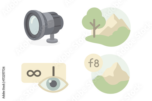 Lens Focus Icons. Isometric vector illustration set Lens Focus for Landscape and Portrait: wide-angle lens with distant focus,