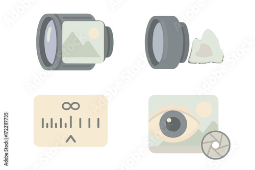 Lens Focus Icons. Isometric vector illustration set Lens Focus for Landscape and Portrait: wide-angle lens with distant focus,