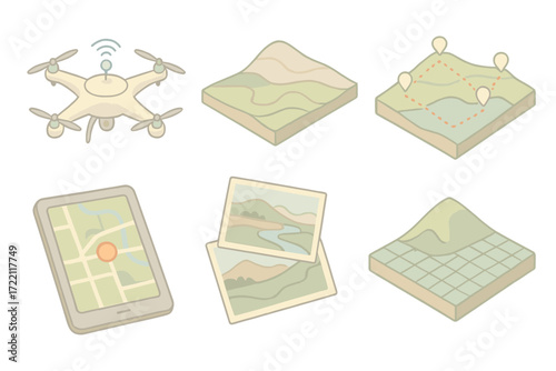 Aerial Survey Tools. Isometric vector illustration set Aerial Mapping and Survey Tools: GPS-enabled drone, topographic panorama