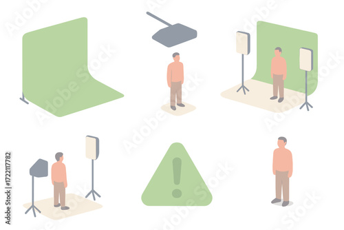 Studio Lighting Setup. Isometric vector illustration set Green Screen Lighting Setup: even lighting diagram, overhead softbox,