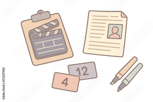 Film Take Essentials. Isometric vector illustration set Film Take Documentation: clapperboard on clipboard, take sheets with notes
