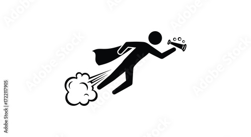 A superhero running quickly with a megaphone leaving a trail of speed