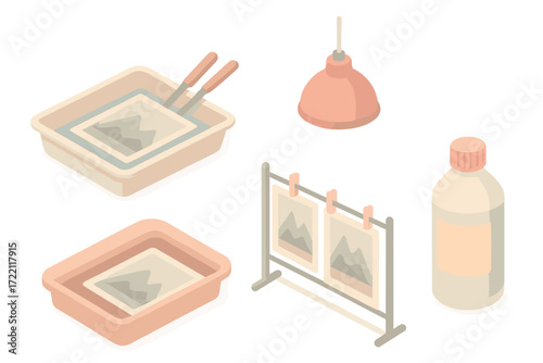 Darkroom Developer Scene. Isometric vector illustration set Darkroom Developer Chemical Print: photographic tray with developer