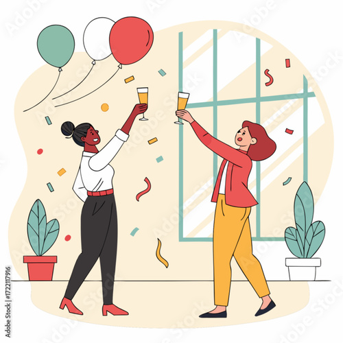 Two Diverse Women Celebrating with Champagne Glasses Cheering and Toasting.