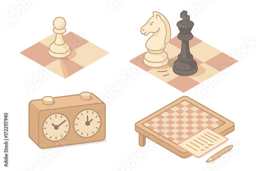 Chess Game Tactics. Isometric vector illustration set Chess Game in Progress: white pawn advancing, knight hopping into action,
