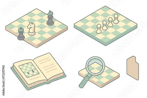 Chess Puzzle Tools. Isometric vector illustration set Chess Puzzle and Analysis Tools: knight checkmate puzzle setup, pawn chain