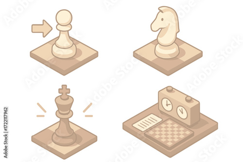 Chess Game Tactics. Isometric vector illustration set Chess Game in Progress: white pawn advancing, knight hopping into action,