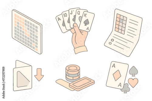 Card Game Strategy Tools. Isometric vector illustration set Card Game Strategy Tools: card probability chart, player hand under