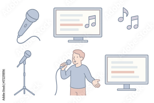 Karaoke Night Vibes. Isometric vector illustration set Karaoke Microphone Lyrics Screen: handheld microphone with wire, lyrics