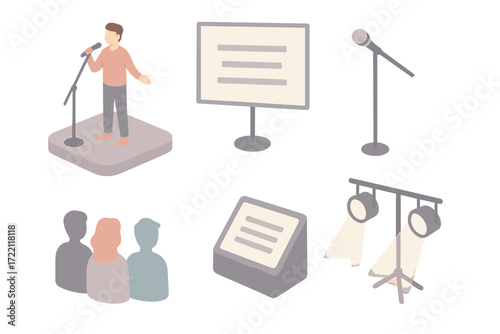 Karaoke Night Stage. Isometric vector illustration set Stage Karaoke Experience: performer on small stage, lyrics projected behind