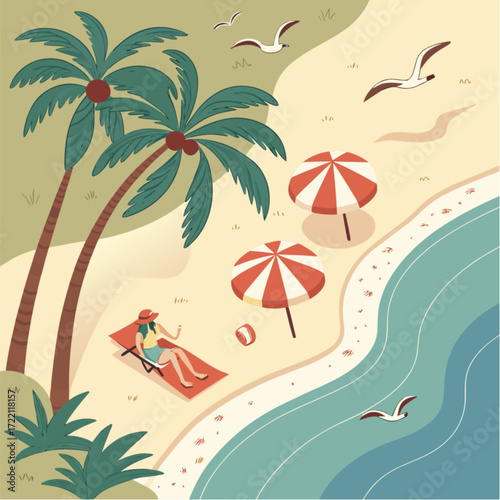 Vibrant tropical beach illustration with palm trees ocean person relaxing and striped umbrellas.