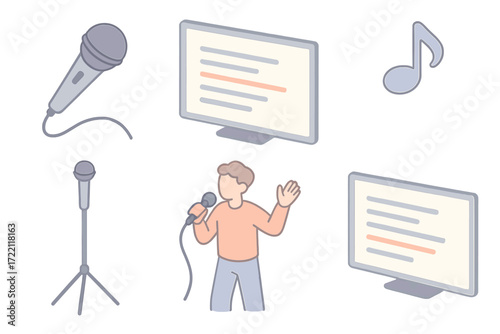 Karaoke Night Vibes. Isometric vector illustration set Karaoke Microphone Lyrics Screen: handheld microphone with wire, lyrics