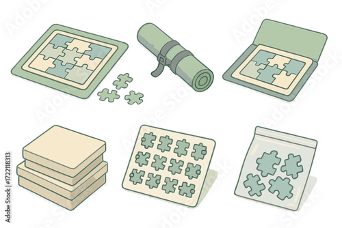 Puzzle Storage Solutions. Isometric vector illustration set Puzzle Storage and Transport: edge frame on felt mat, puzzle roll with