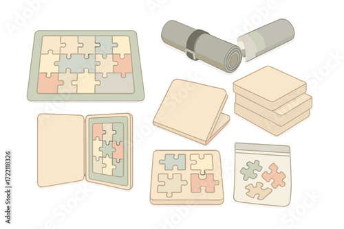 Puzzle Storage Solutions. Isometric vector illustration set Puzzle Storage and Transport: edge frame on felt mat, puzzle roll with