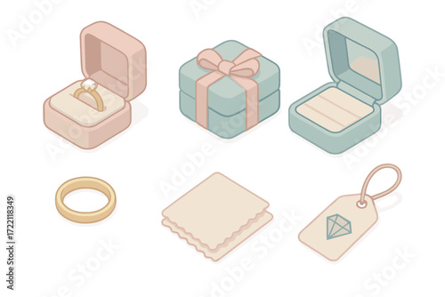 Elegant Jewelry Arrangement. Isometric vector illustration set Jewelry Box and Accessories: ring nestled in satin box, box with