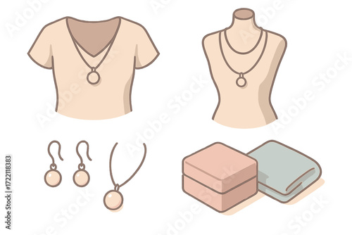Jewelry and Outfit Pairing. Isometric vector illustration set Pendant and Outfit Pairing: silver necklace on blouse neckline,