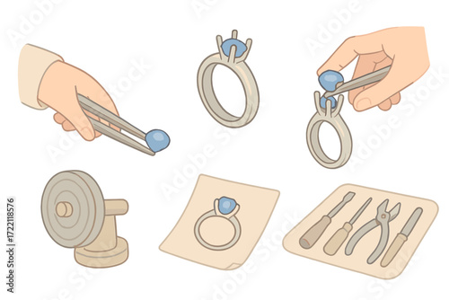 Sapphire Gem Setting. Isometric vector illustration set Sapphire in Artisan Workshop: gem setter holding sapphire with pliers,