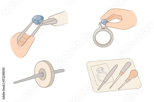 Sapphire Gem Setting. Isometric vector illustration set Sapphire in Artisan Workshop: gem setter holding sapphire with pliers,