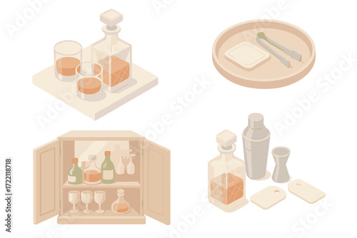 Elegant Home Bar Elements. Isometric vector illustration set Elegant Home Bar Elements: marble countertop with decanter and