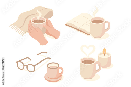 Cozy Mug Moments. Isometric vector illustration set Cozy Mug Moments: hands cupping warm mug, blanket draped nearby, open book and